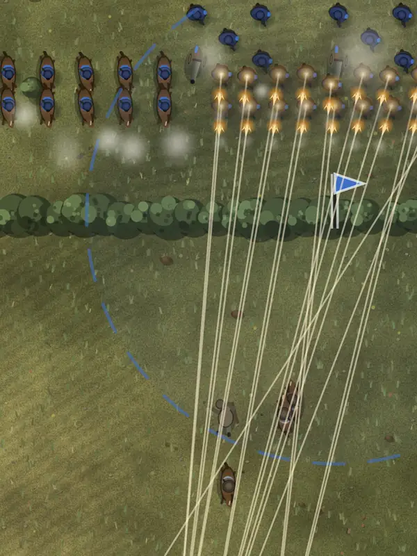 Gettysburg in Any War: the Union line fires volleys across the field at the Confederate advance