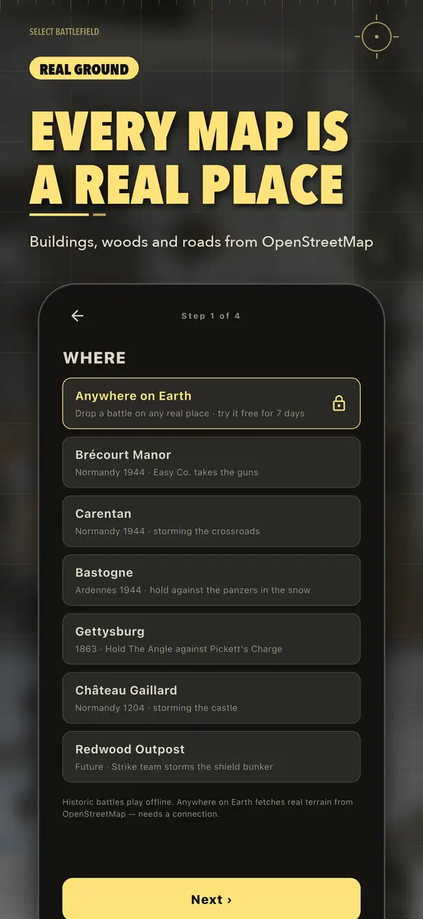 Battle picker listing the six historic battles and Anywhere on Earth