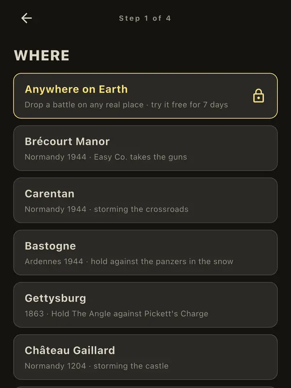 Any War battle picker listing Redwood Outpost alongside the historic battles and Anywhere on Earth